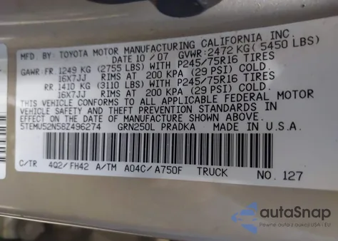 2008 Toyota Tacoma Base V6 из США, поврежденный, VIN 5TEMU52N58Z496274